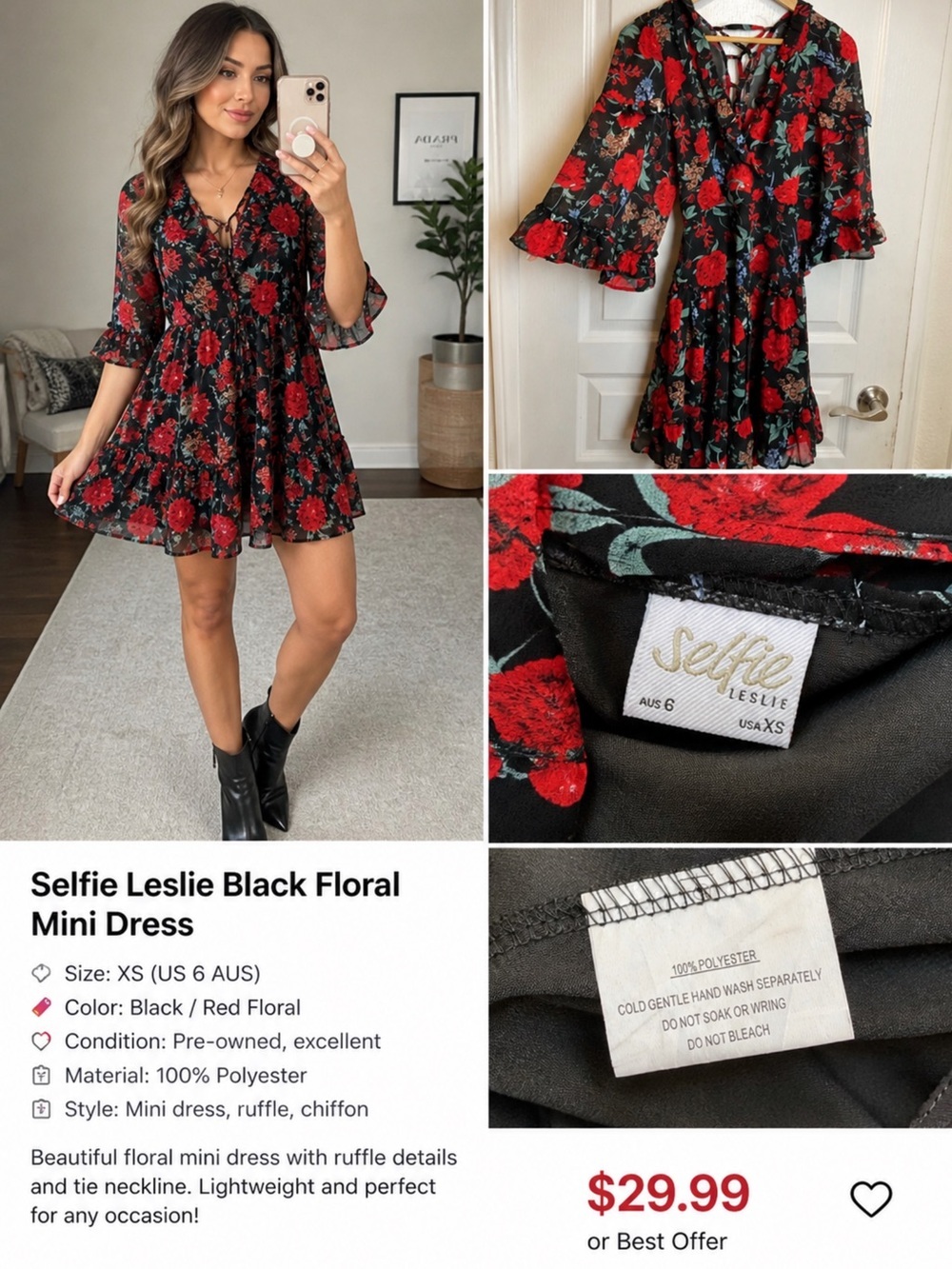 Selfie Leslie Black Floral Mini Dress XS Red Rose Ruffle Boho Chiffon